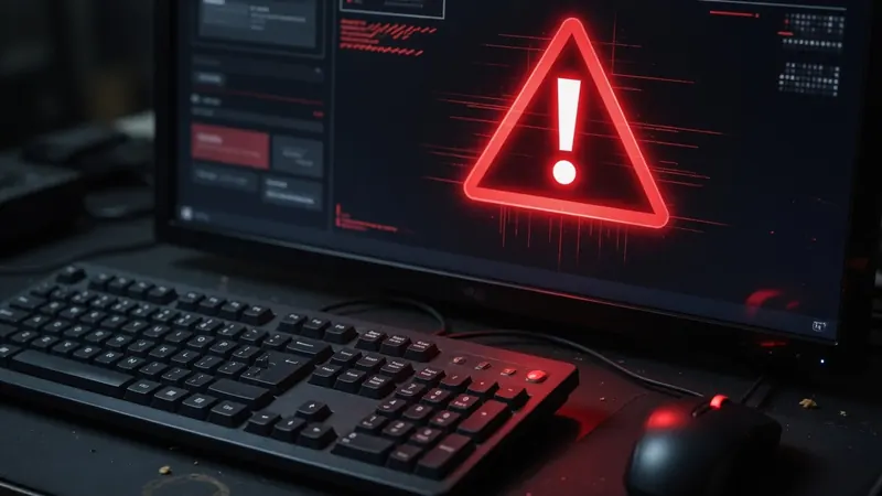 A computer monitor displays a large glowing red warning triangle with an exclamation mark on a dark interface.