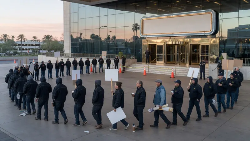 A large group of people in dark work jackets and jeans march in a circle holding blank protest signs outside a modern glass building.