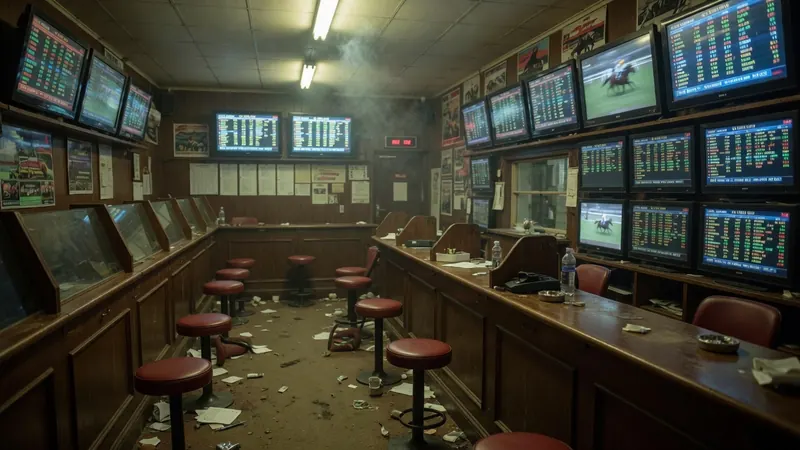 Dilapidated off-track betting parlor interior with multiple television screens displaying horse races and odds, wooden counters.