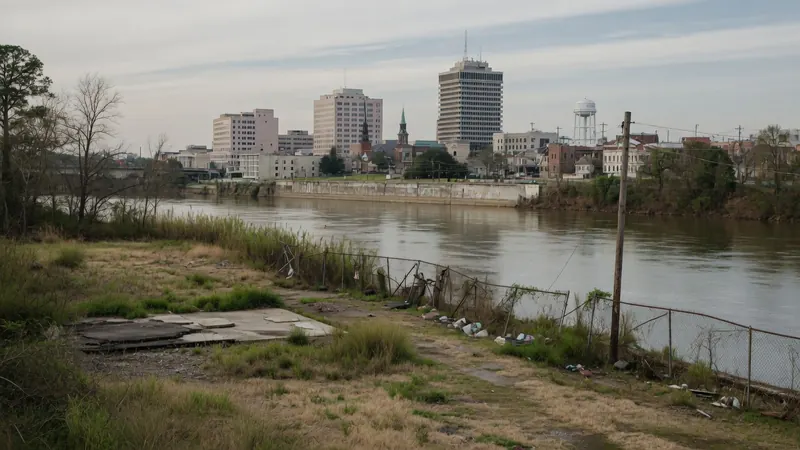 A wide view of a city skyline across a broad river, with overgrown vacant lots, chain-link fences.