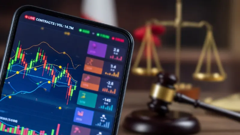A smartphone displaying live financial contracts and candlestick charts sits beside a wooden gavel and scales of justice on a desk.