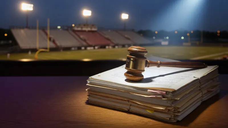 A wooden gavel rests on a thick stack of legal documents atop a table.